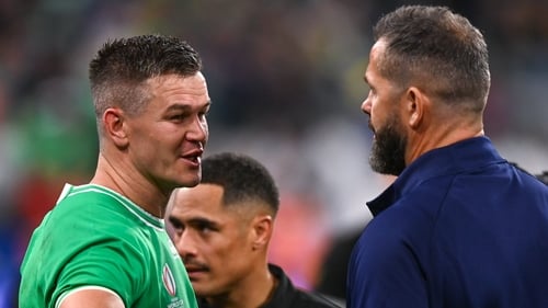 Johnny Sexton and Andy Farrell (r) after the loss to New Zealand