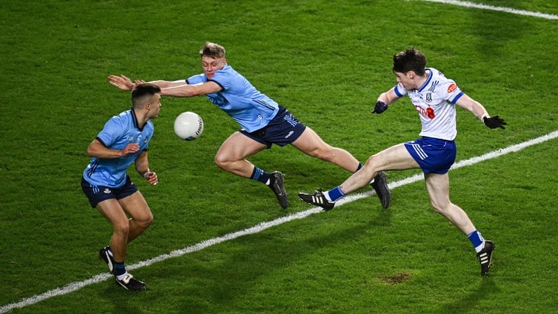 Stephen O'Hanlon shoots to score Monaghan's second goal against Dublin at Croke Park
