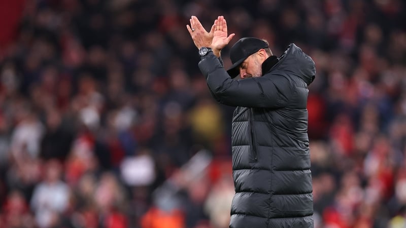Jurgen Klopp applauds the Liverpool fans after the club's 5-2 FA Cup victory over Norwich