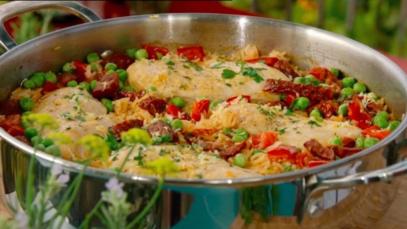 Spicy chorizo adds a summery kick to this chicken and rice bake.