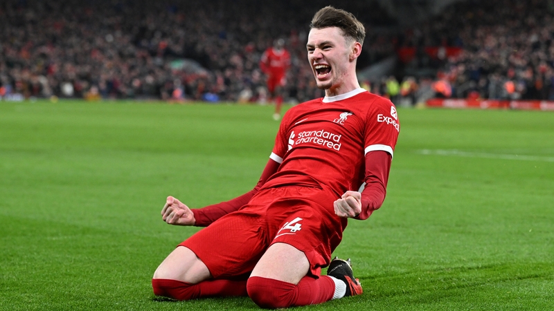 Conor Bradley of Liverpool celebrates his goal