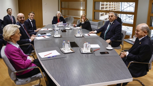 European Commission President Ursula von der Leyen (L) European Council President Charles Michel, join other EU leaders, including Viktor Orban, at a multilateral meeting on the sidelines of the summit