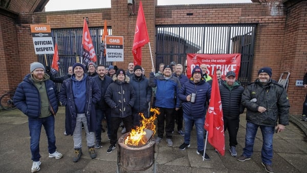 Public sector transport workers form a picket at Europa Bus Station in Belfast