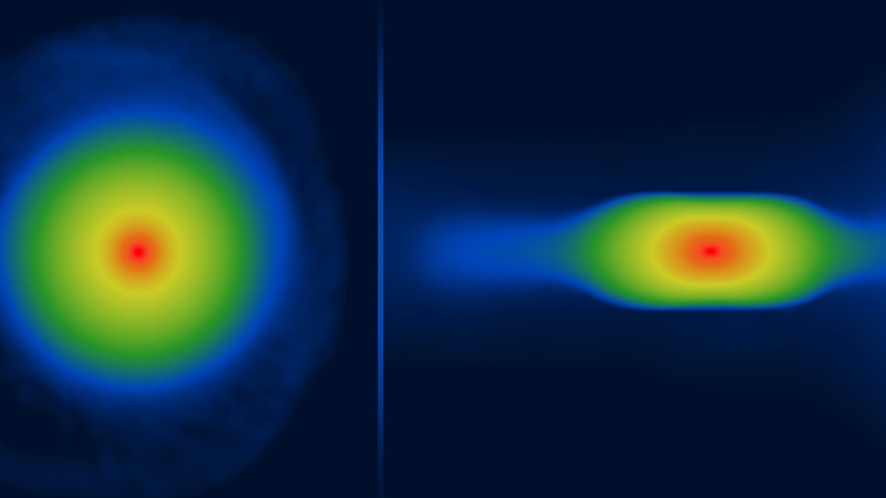 Undated image issued by the University of Central Lancashire of a simulated young planet as viewed from the top (L) and from the side (R)