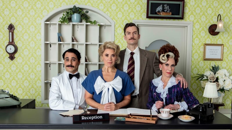 The cast of the stage adaptation of Fawlty Towers (left to right) Hemi Yeroham as Manuel, Victoria Fox as Polly, Adam Jackson-Fox as Basil Fawlty, and Anna-Jane Casey as Sybil Fawlty. Photo credits: Neil Reading PR/PA Wire