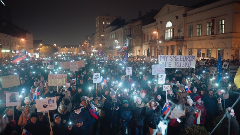 Demonstrators in the city of Kosice yesterday evening protest against Prime Minister Robert Fico's government
