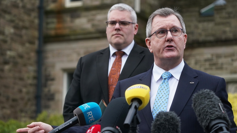 DUP leader Jeffery Donaldson and deputy leader Gavin Robinson spoke to the media outside Stormont Castle