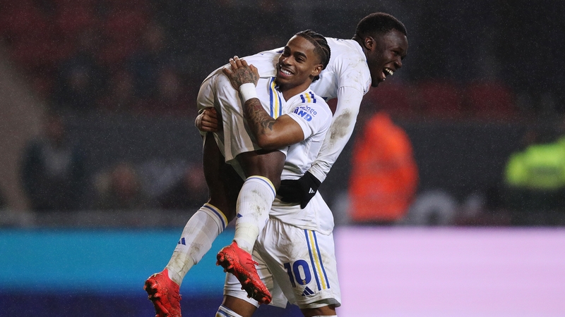 Crysencio Summerville lifts Wilfried Gnonto after the latter's winning goal against Bristol City