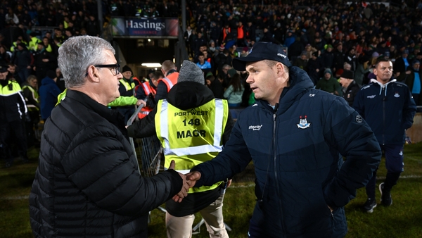 Kevin McStay and Dessie Farrell shake hands after what ultimately was an entertaining contest at MacHale Park