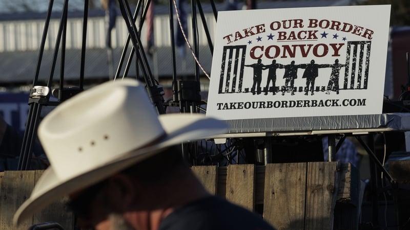 A 'Take Our Border Back Convoy' sign at a rally in Quemado, Texas