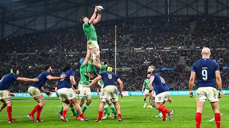 Joe McCarthy takes a lineout against France