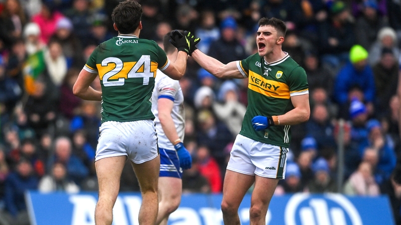 David Clifford (l) celebrates with Seán O'Shea after scoring Kerry's second goal against Monaghan in Clones