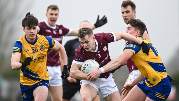 Galway's Johnny McGrath is tackled by Daire Cregg