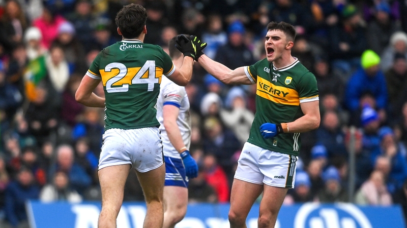 David Clifford celebrates with Seán O'Shea after scoring his side's second goal in Clones