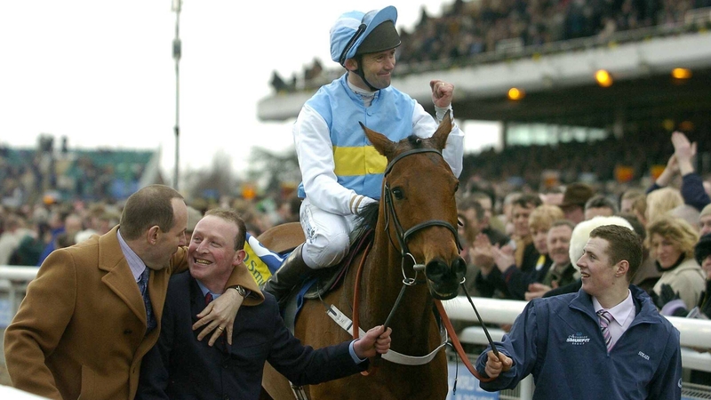 Conor O'Dwyer aboard Hardy Eustace following victory in the 2005 Champion Hurdle at Cheltenham