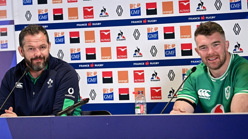 Andy Farrll (l) and Peter O'Mahony address the media after the game