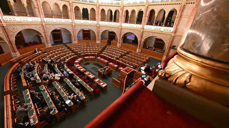 The Hungarian parliament in Budapest today: benches of the governing Fidesz party (centre and right) remained empty during the session, called by the opposition (left)