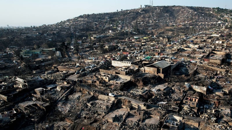An aerial view of houses destroyed by forest fires in Vina del Mar, Chile