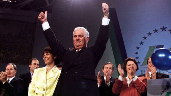 Taoiseach John Bruton and his wife Finola on stage at the RDS after Bruton gave his speech at the end of the Fine Gael Ard Fheis