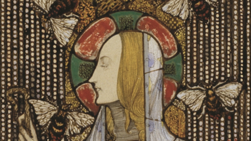 St Gobnait with bees by Harry Clarke, circa 1914, now in Corning Museum of Glass, New York. Image: Wikipedia Commons