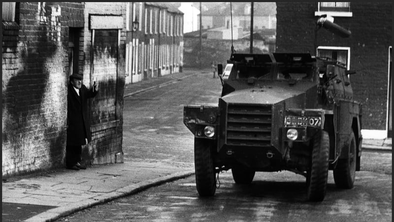The British army patrols the Falls Road area of Belfast in March 1972, the most violent year of the Troubles in Northern Ireland