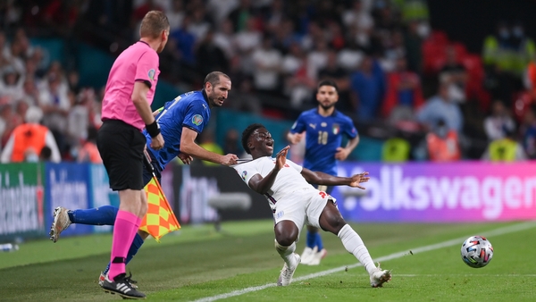 The Giorgio Chiellini foul on Bukayo Saka cited as an example of a blue card foul
