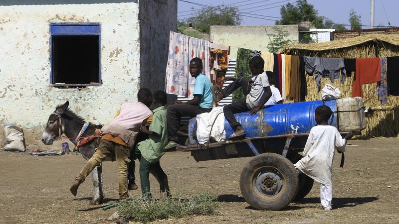 Children displaced from Sudan's Jazira state transport water on a donkey-pulled cart at a temporary shelter