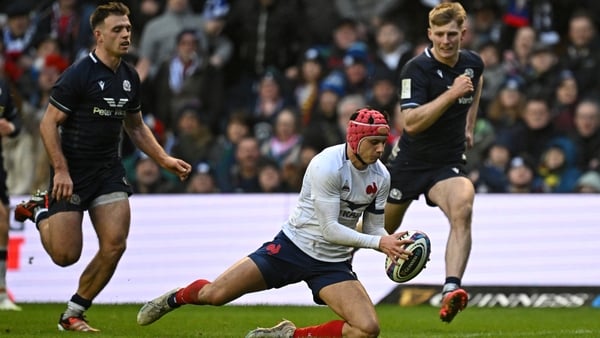 Louis Bielle-Biarrey scores a second-half French try at Murrayfield