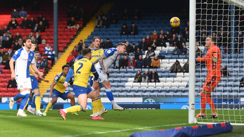 Sammie Szmodics heads home Blackburn's second goal against Stoke City