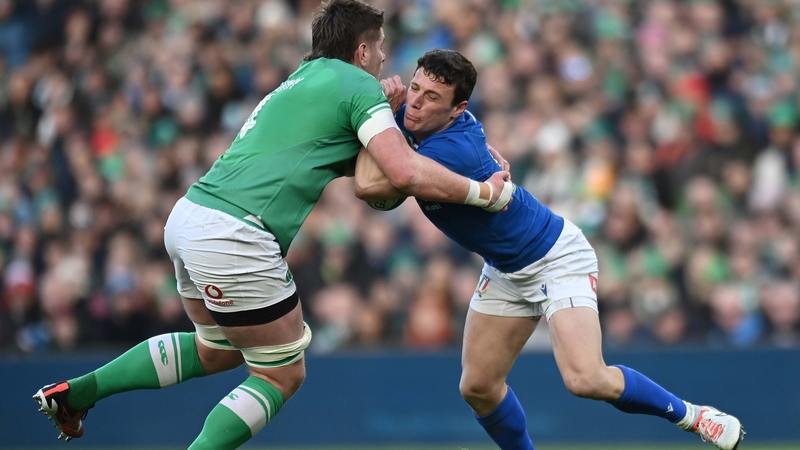 Joe McCarthy makes a big hit on Italy's Paolo Garbisi