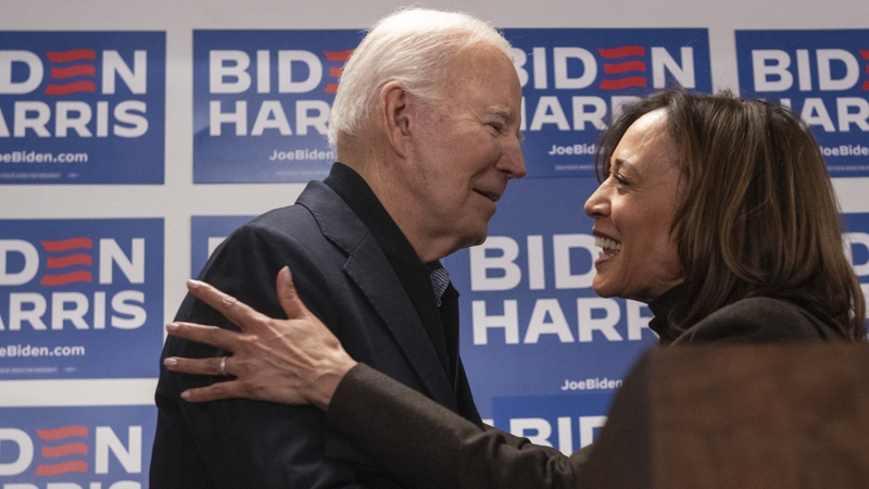Joe Biden greeting Kamala Harris at the Biden for President 2024 campaign headquarters earlier this month