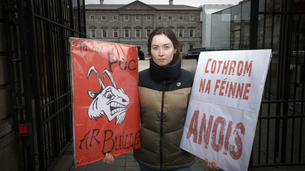 Grúpaí Gaeilge ag léirsiú ag Teach Laighean faoi thithíocht