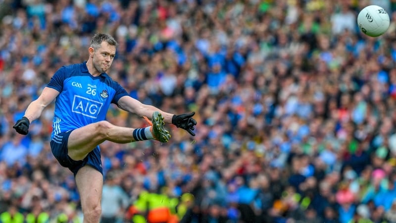 Dean Rock kicking the winning point in the 2023 All-Ireland football final