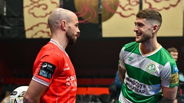 Mark Coyle of Shelbourne in coversation with Lee Grace of Shamrock Rovers at the luanch of this year's league