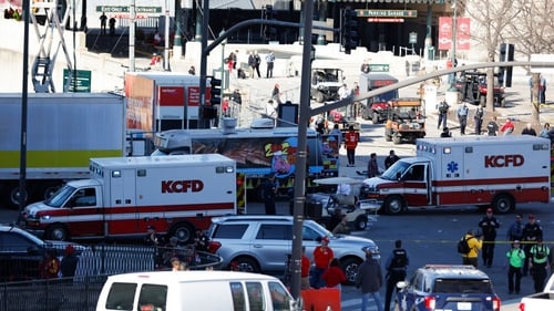 Emergency services at the scene of the shooting at Union Station near the Kansas City Chiefs' Super Bowl victory parade