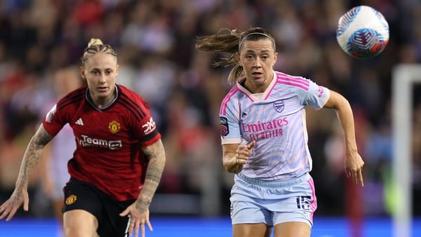 Arsenal's Katie McCabe (R) in action against Leah Galton of Manchester United last October