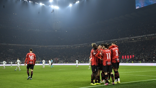 Ruben Loftus-Cheek celebrates one of his goals with his Milan team-mates
