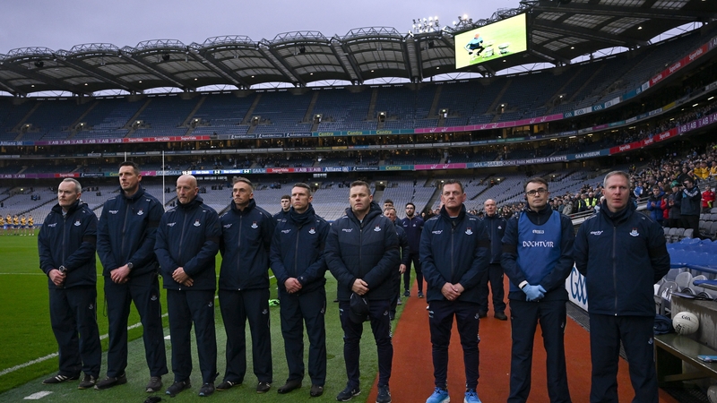 The Dublin football backroom team stand for a minute's silence in memory of Shane O'Hanlon