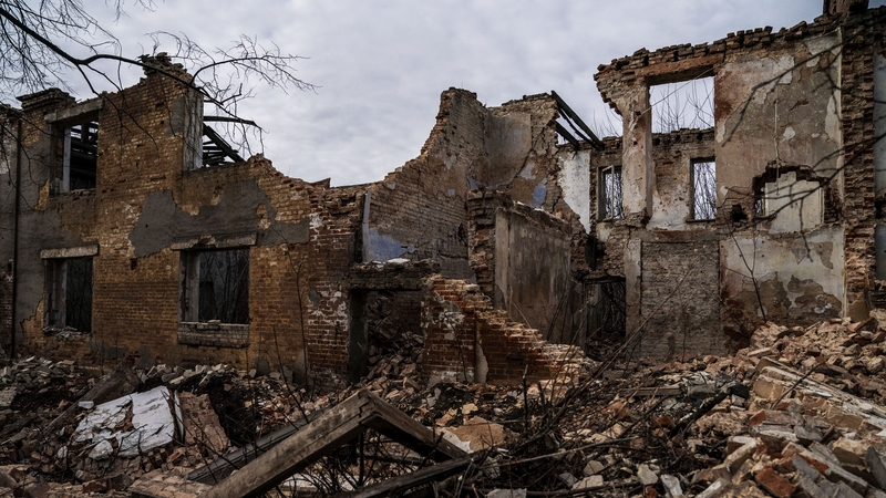 A view of destroyed building, located near a frontline position in Donetsk Oblast, Ukraine