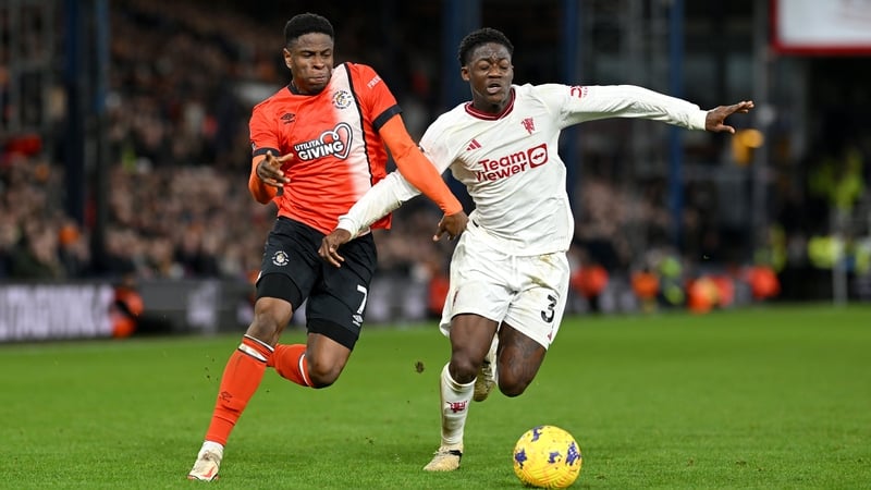 Mainoo in action for Manchester United against Ireland and Luton winger Chiedozie Ogbene