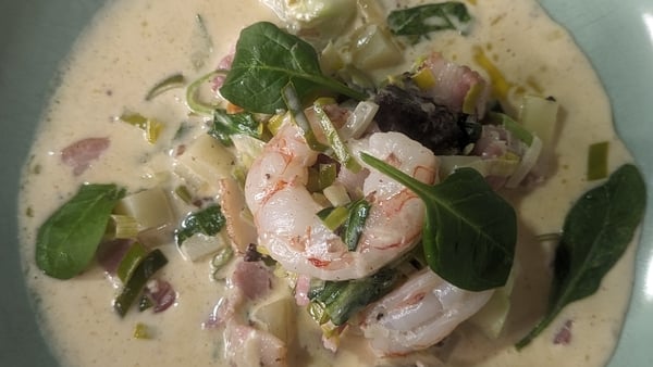 This comforting chowder is served with rich black pudding and earthy vegetables.