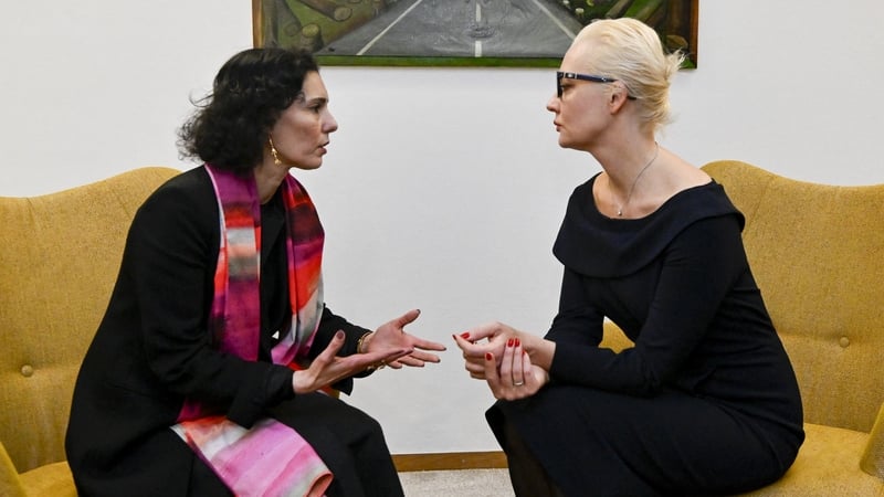 Belgian Foreign minister Hadja Lahbib and Navalny's widow Yulia Navalnaya talk after the EU foreign ministers' meeting