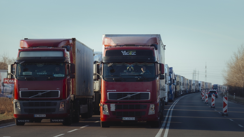Around 1,000, mostly Ukrainian trucks wait in kilometre-long lines after Polish farmers closed off the border crossing between Poland and Ukraine