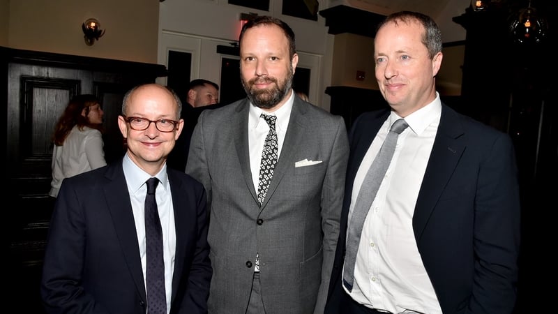 (L-R) Element Pictures' Ed Guiney, director Yorgos Lanthimos and Element Pictures' Andrew Lowe