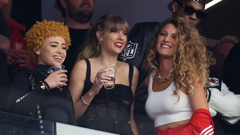Rapper Ice Spice, singer Taylor Swift and actress Blake Lively at the Super Bowl on 11 February