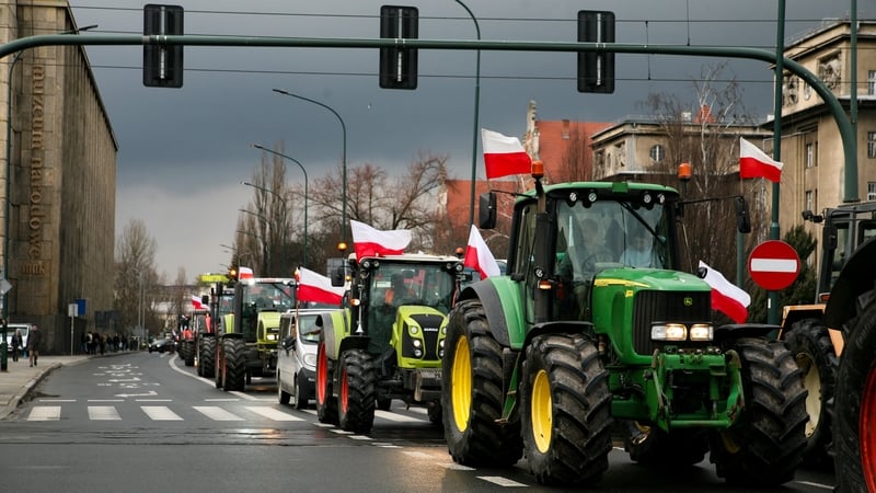 Farmers in Kraków protesting against Ukrainian agricultural imports which they say are threatening their livelihoods