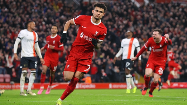 Luis Diaz celebrates Liverpool's third goal against Luton Town