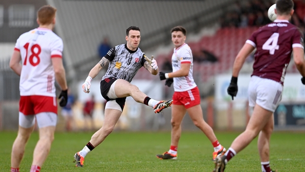 Tyrone goalkeeper Niall Morgan kicks a point against Galway last weekend
