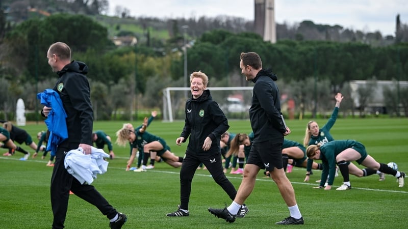 Eileen Gleeson, centre, with assistant coaches Colin Healy, left, and Rhys Carr at a Republic of Ireland training session at Viola Park in Florence