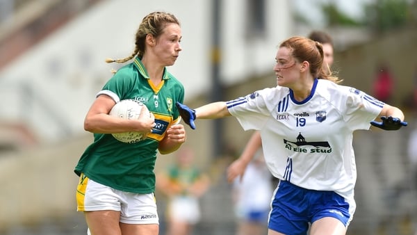 Caragh McCarthy of Waterford moves to tackle Amanda Brosnan of Kerry during the TG4 Munster Senior Ladies Football Championship semi-final
